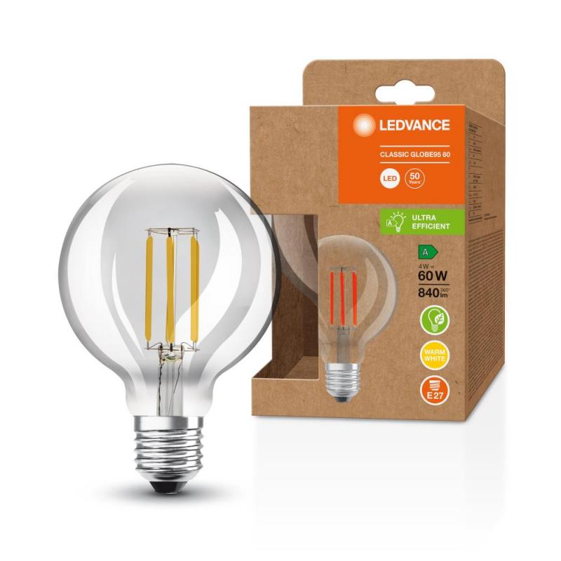 Aktion: Nur noch angezeigter Bestand verfügbar - Ledvance E27 Besonders effiziente LED Lampe Globe 95 klar 4W wie 60W 3000K warmweißes Licht für die Wohnung